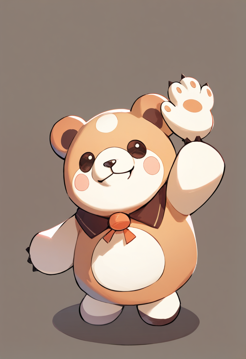 Chibi, mascot design, round body, bear hoodie, brown and cream colors, stubby arms, waving, rosy cheeks, happy expression