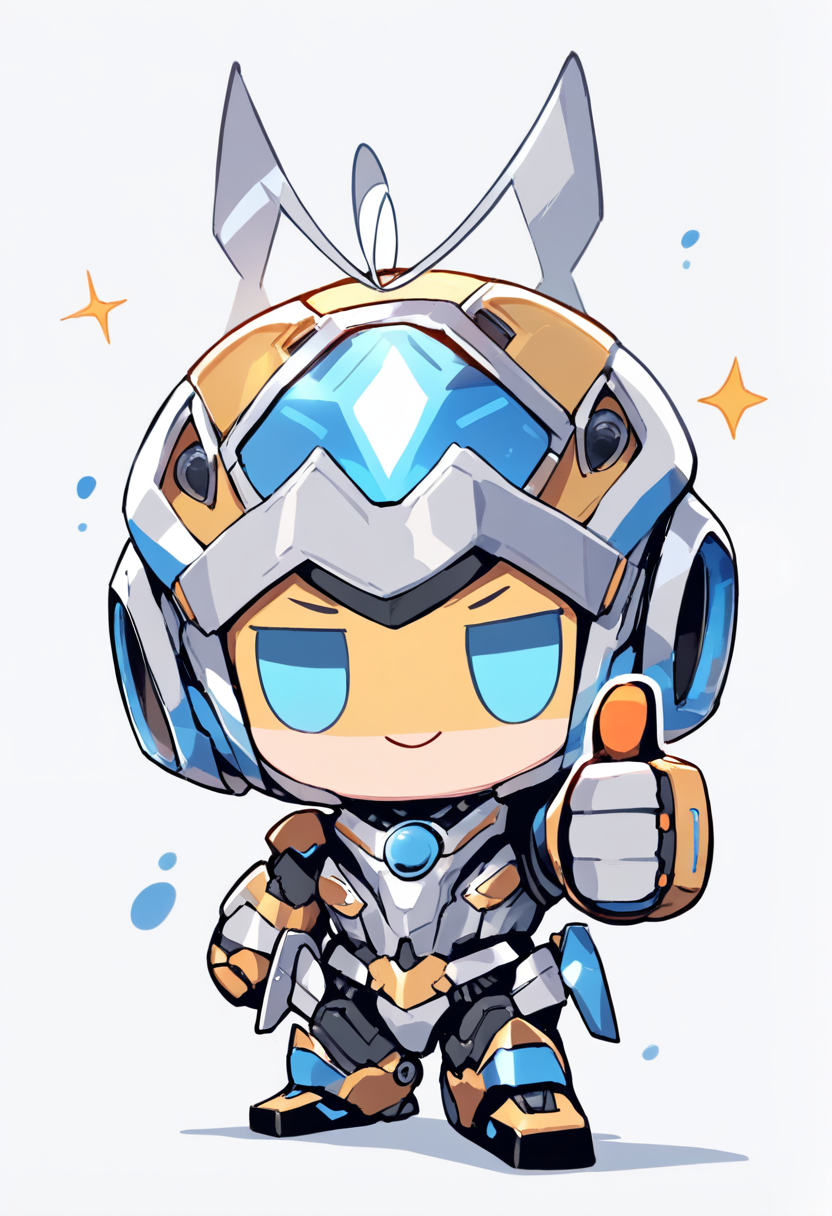 Chibi, mascot design, robot theme, antenna on head, visor eyes, round body, metallic silver and blue, thumbs up, friendly expression