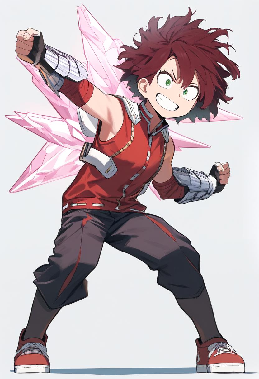 Boku no hero academia style, ua student, messy dark red hair, green eyes, ua school uniform with red sneakers, large crystalline gauntlets forming on arms from quirk, excited grin