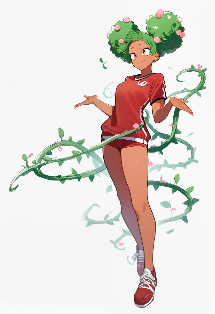 Boku no hero academia style, ua student, curly mint green hair in afro puffs, dark skin, warm brown eyes, ua gym uniform, vines and flowers growing from her hands quirk, cheerful bright smile