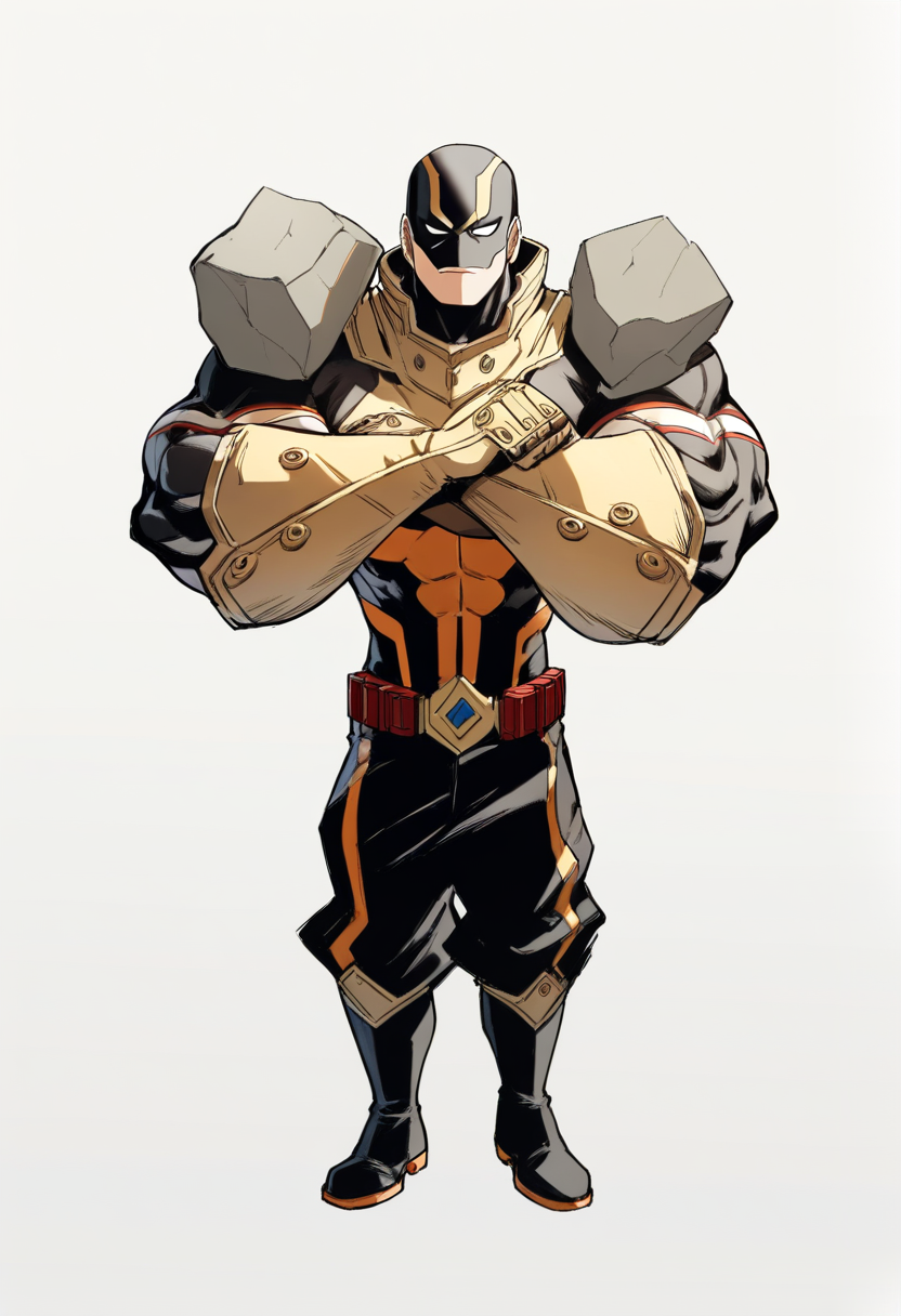 Boku no hero academia style, pro hero, muscular build, short buzz cut blonde hair, square jaw, orange and black hero costume with heavy boots, enlarged stone fists from quirk, heroic confident pose arms crossed