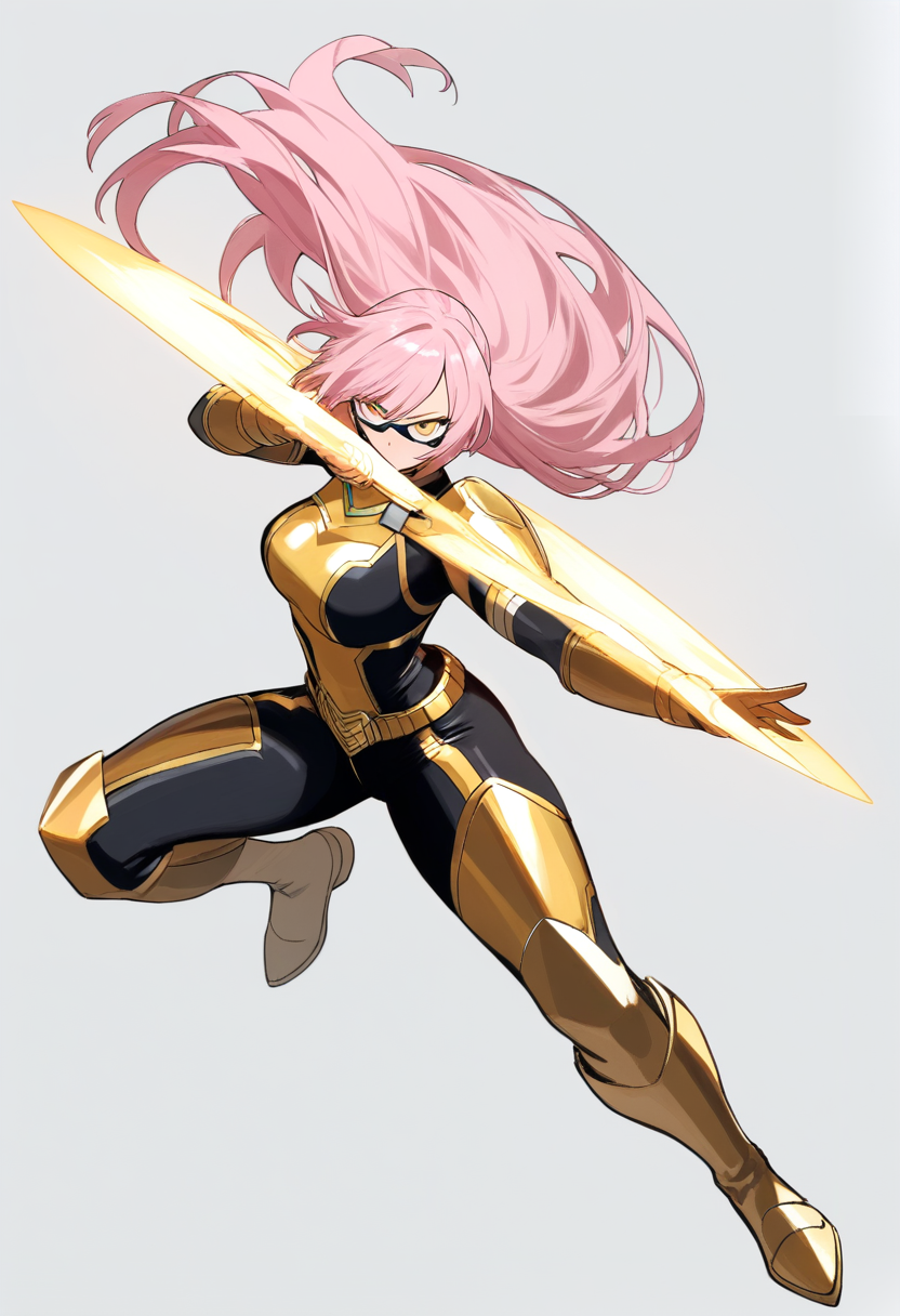 Boku no hero academia style, pro hero, long flowing pink hair, cat-like golden eyes, sleek white and gold hero costume, translucent energy shields forming around her, graceful defensive pose