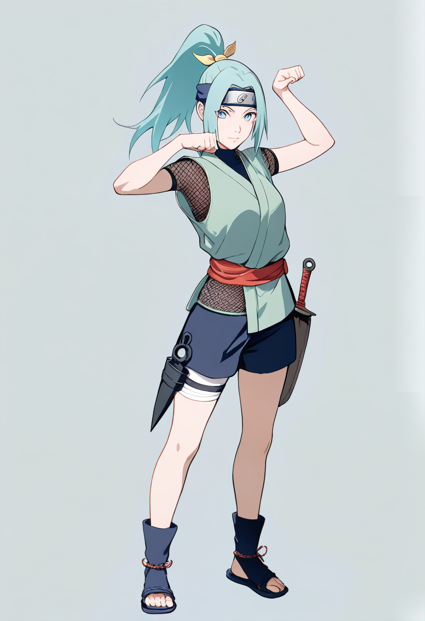Naruto shippuden style, kunoichi, long teal hair in high ponytail, pale blue eyes, leaf village headband on forehead, black and teal sleeveless top with mesh undershirt, dark shorts, kunai holster on thigh, ninja sandals, hand sign pose