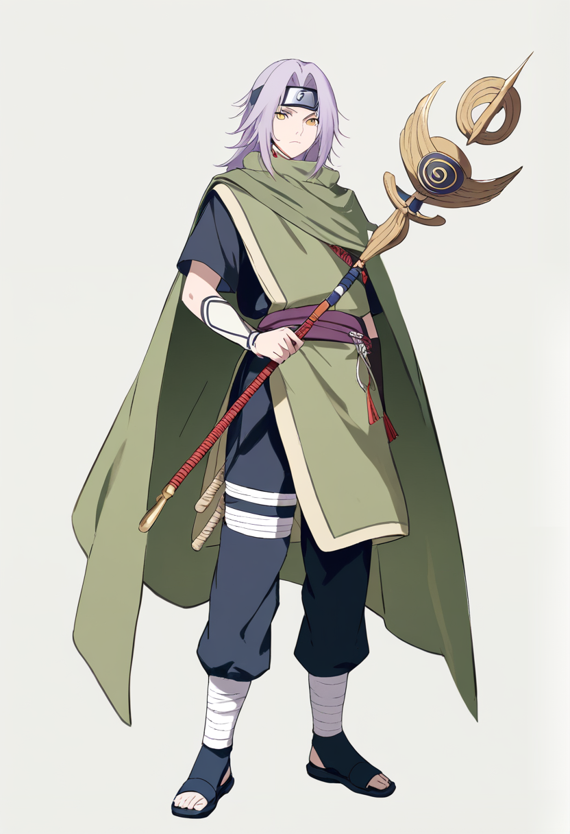 Naruto shippuden style, shinobi, shaggy lavender hair, gold eyes with sage markings, leaf village headband, dark green sage cloak over standard outfit, staff weapon in hand, calm wise expression