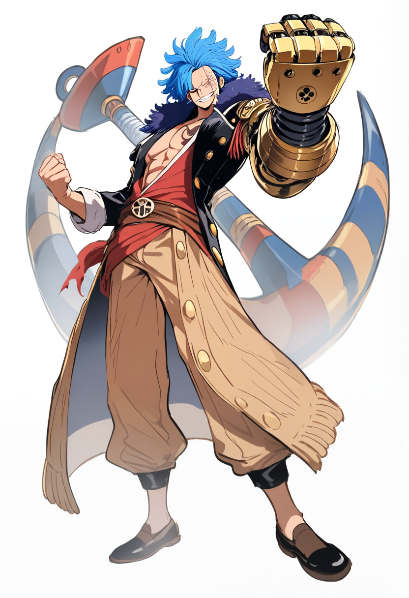 One piece style, pirate captain, tall lanky build, wild blue hair, scar over left eye, long black captain coat with fur collar, open chest showing anchor tattoo, mechanical prosthetic arm, confident pose with fist raised