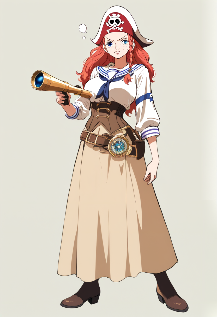 One piece style, pirate navigator, long orange-red hair in side braid, freckles, blue eyes, striped blue and white sailor shirt, brown corset, compass and maps tucked in belt, telescope in hand, curious expression