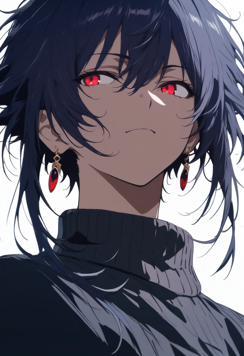 Anime coloring, messy dark blue hair, sharp red eyes, earring, turtleneck, cool expression, side glance