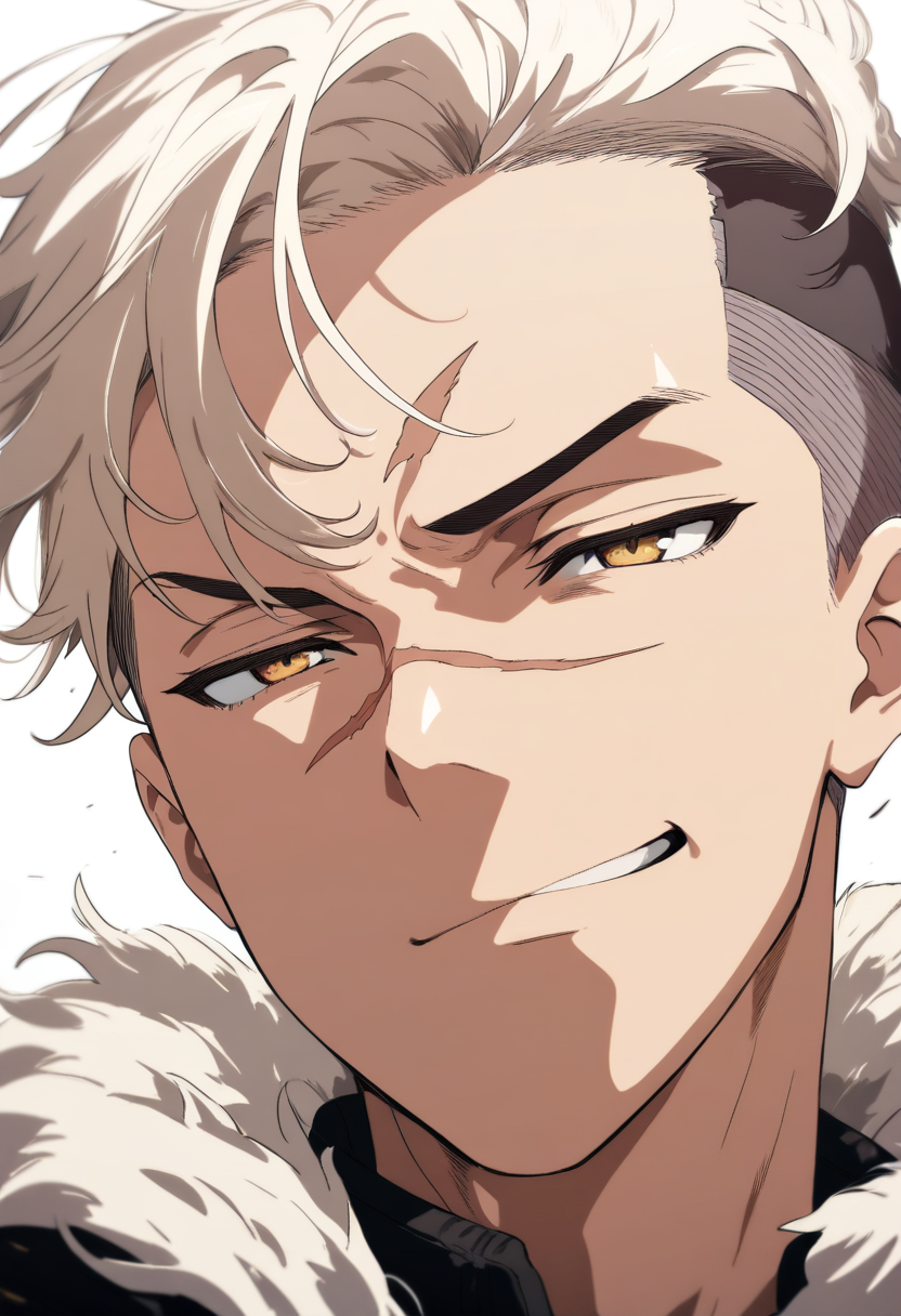 Anime coloring, undercut, platinum blonde, amber eyes, scar across nose, fur-collared jacket, confident smirk