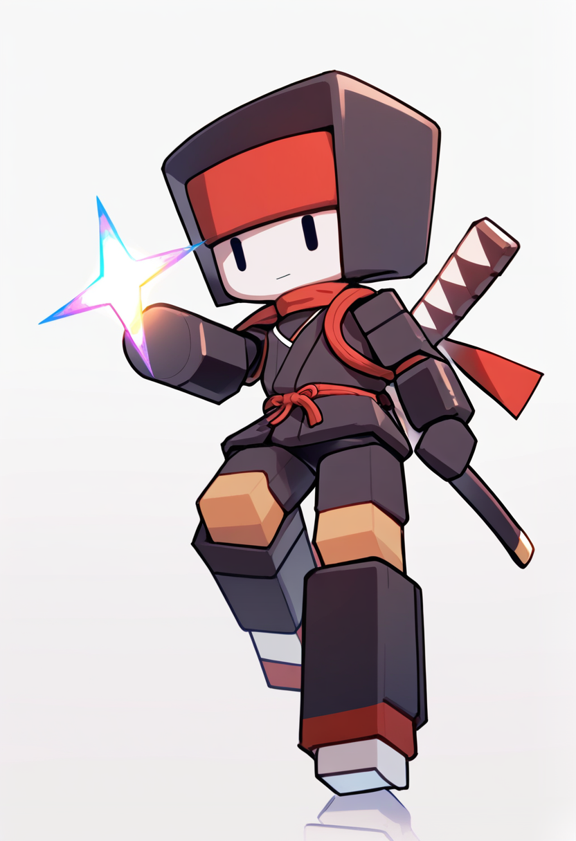 Roblox, chibi blocky figure, simple round head, determined face, red headband, ninja outfit, black gi, katana on back, throwing star in hand, action pose