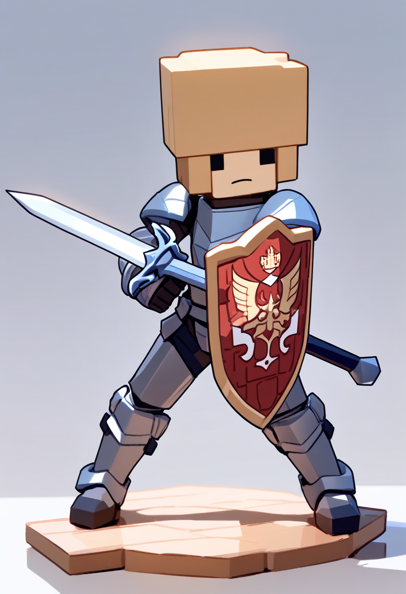 Roblox, chibi blocky figure, simple round head, serious face, blonde flat top hair, knight armor, shield with crest, sword raised, heroic stance
