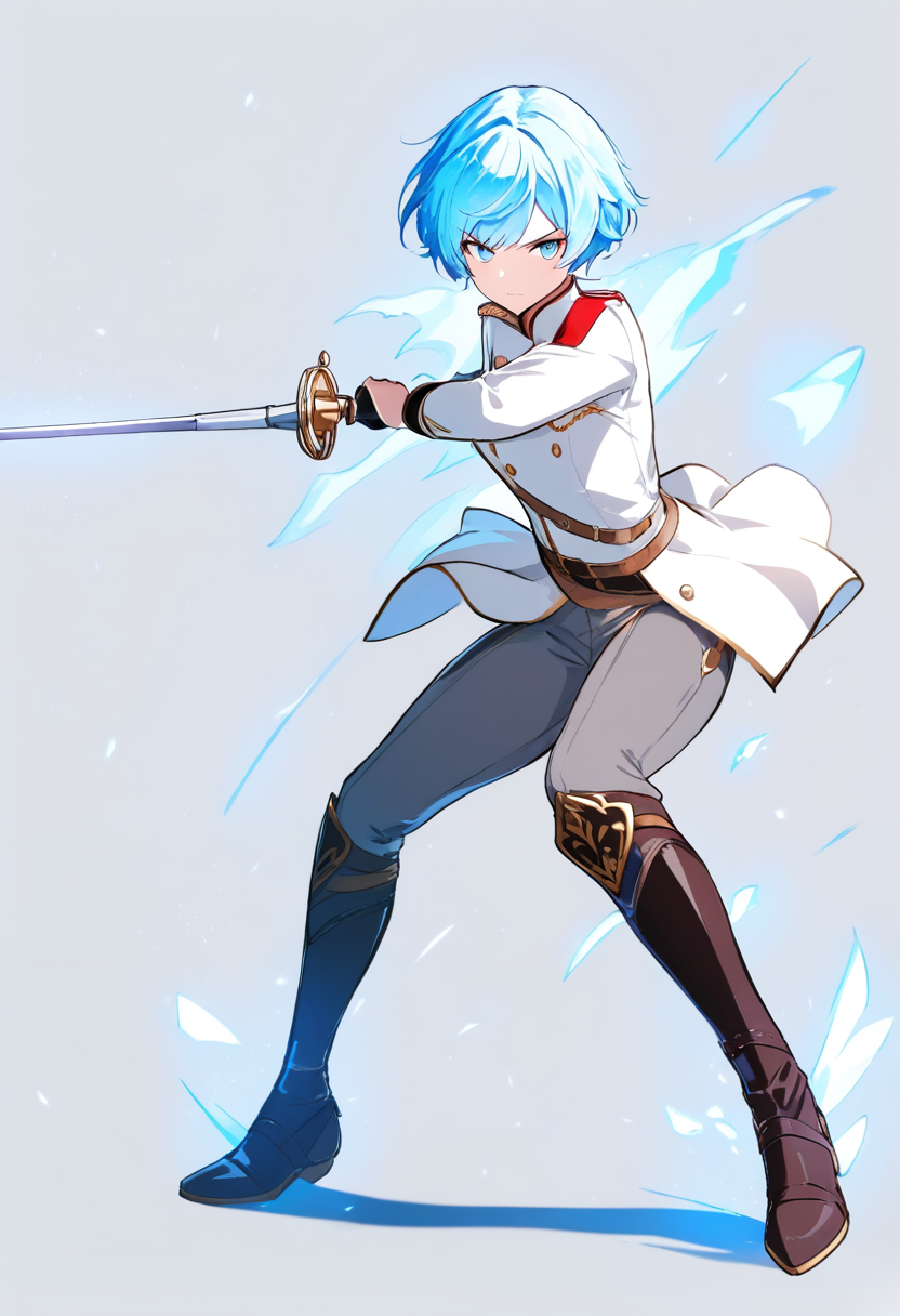 Rwby style, short ice blue hair, white military jacket, grey pants, holding dust rapier, ice dust glow, fencing stance
