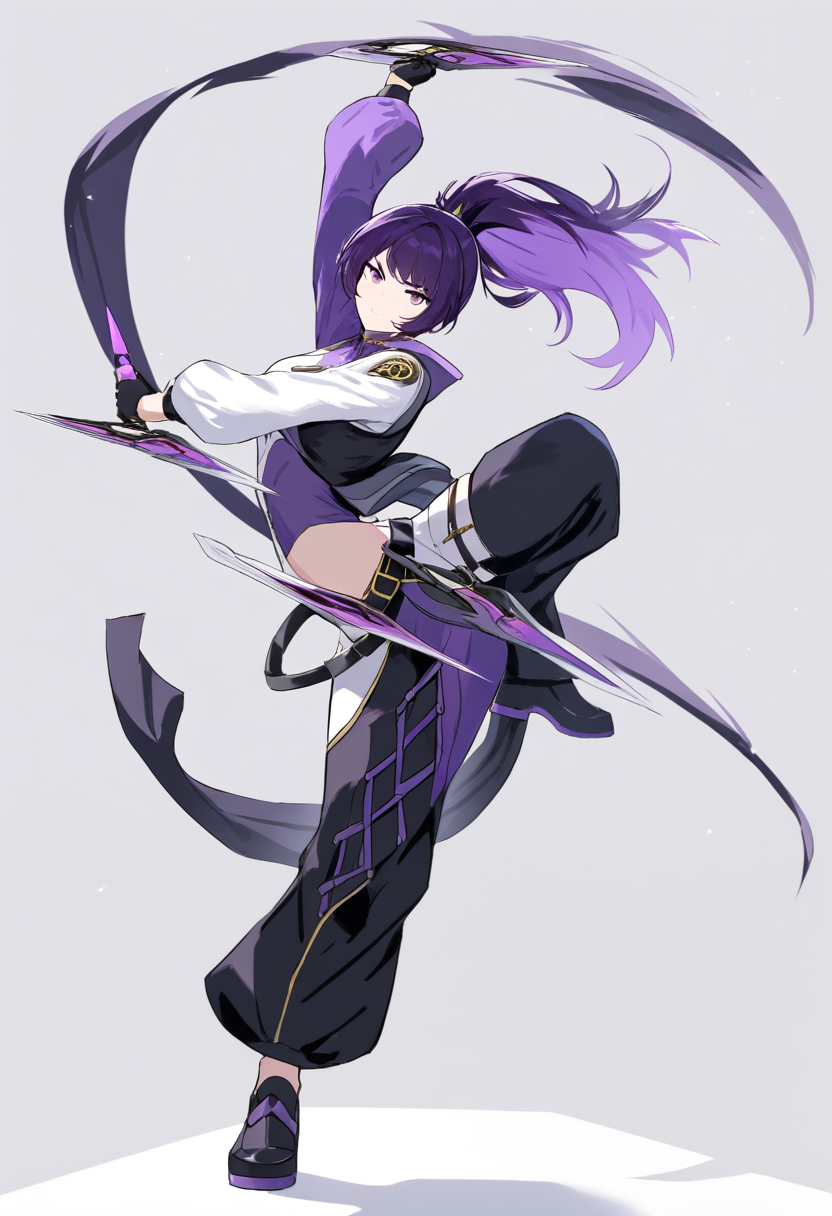 Rwby style, short purple hair, black and purple asymmetric outfit, faunus cat tail, dual pistol daggers, acrobatic pose