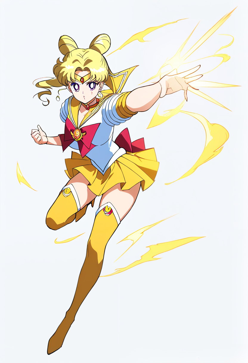 Bishoujo senshi sailor moon style, wavy golden blonde hair, sailor fuku, yellow sailor collar, sun shaped brooch, tiara with topaz, thigh high boots, radiant attack pose