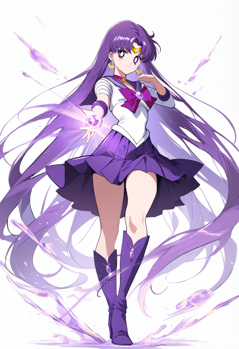 Bishoujo senshi sailor moon style, long straight violet hair, sailor fuku, purple sailor collar, crescent earrings, tiara with amethyst, heeled boots, mystic casting pose