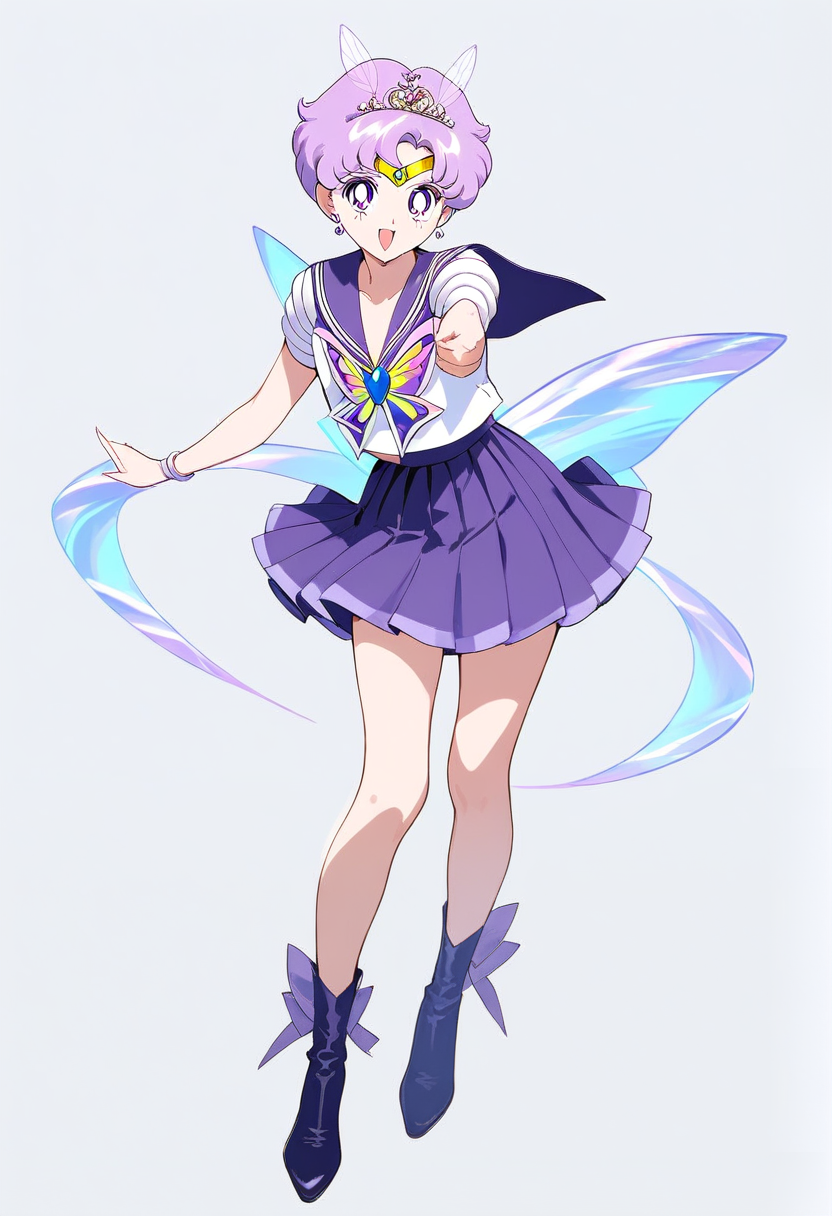 Bishoujo senshi sailor moon style, short lavender pixie cut hair, sailor fuku, lilac sailor collar, butterfly brooch, tiara with opal, ribbon ankle boots, graceful twirl pose