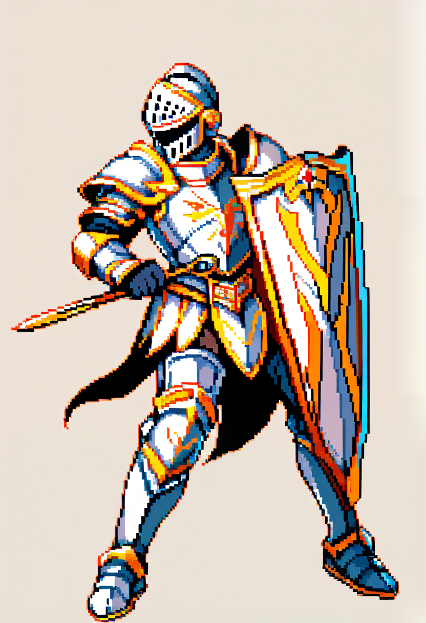 Pixel art, 16-bit style, paladin class, full plate armor, golden trim, tower shield, holy sword, defensive stance