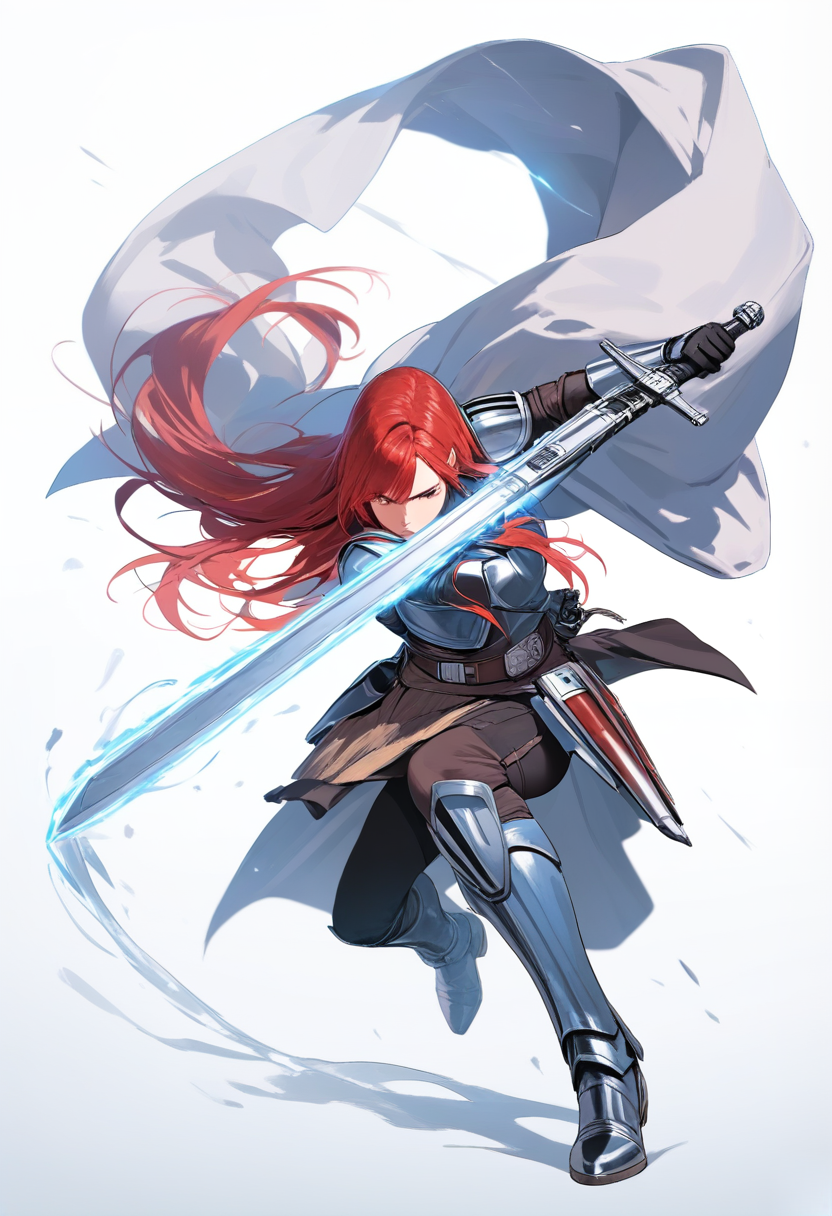 Star wars style, long red hair, mandalorian armor, blue and silver beskar, holding darksaber, cape flowing, warrior stance