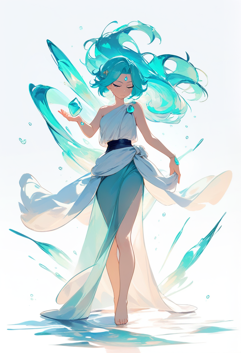 Steven universe, gem character, translucent teal skin, flowing aqua hair, teardrop gemstone on back of hand, draped toga style outfit, barefoot, graceful dancing pose