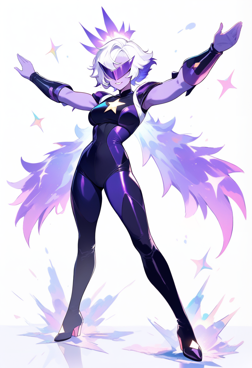 Steven universe, gem fusion character, four arms, tall, purple skin, long white hair with lavender tips, visor over eyes, bodysuit with star emblem, powerful standing pose