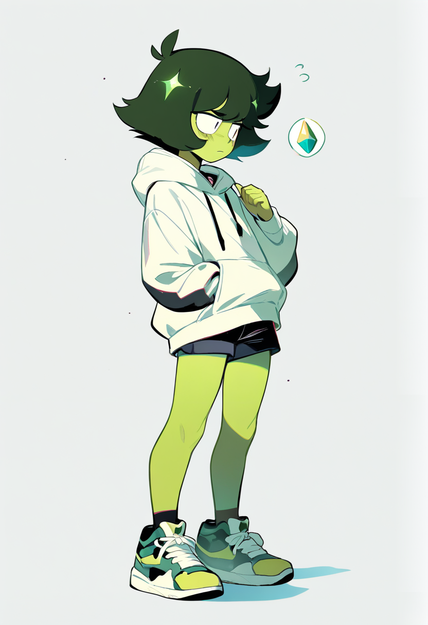Steven universe, gem character, olive green skin, messy dark green hair, triangular gemstone on palm, hoodie, shorts, sneakers, shy expression, looking away