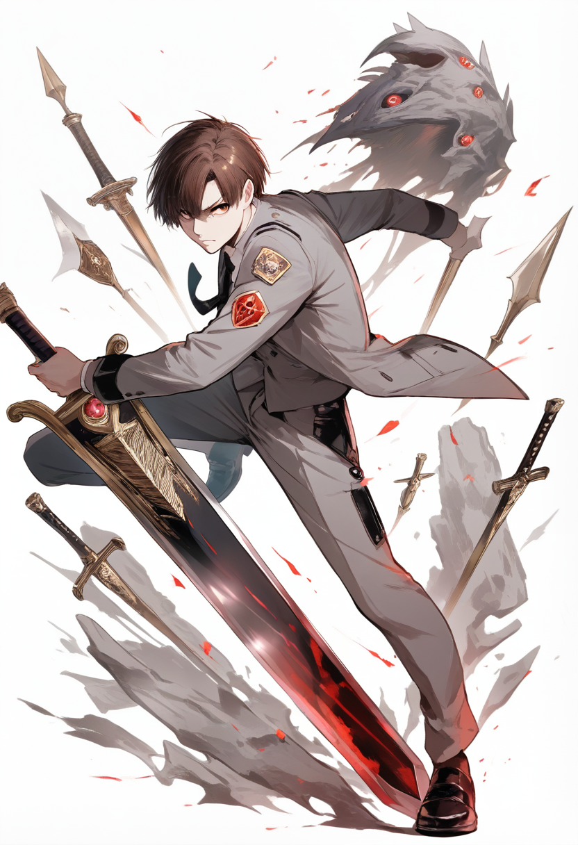Tokyo ghoul style, ghoul investigator, short neat brown hair, determined hazel eyes, grey ccg suit and tie, quinque weapon as large broadsword, ccg badge visible, professional combat ready pose