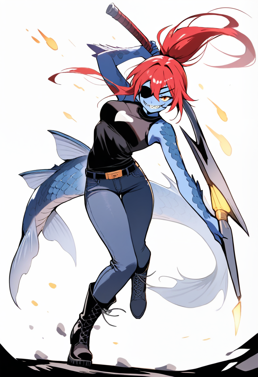Undertale, fish monster girl, blue scales, red ponytail, eyepatch, sharp teeth grin, black tank top, jeans, boots, spear held over shoulder, heroic pose
