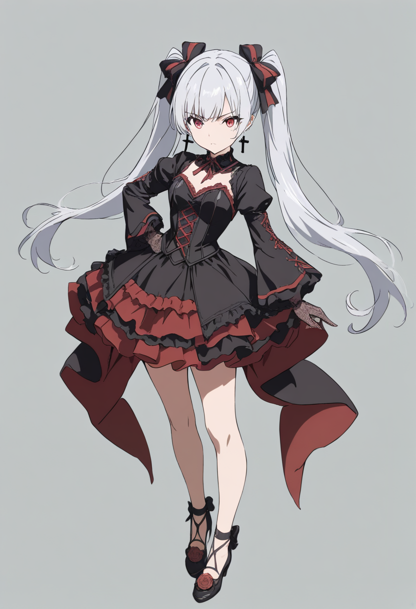 Anime coloring, silver twintails, red eyes, black and red gothic dress, cross earrings, lace gloves, confident pose, hand on hip