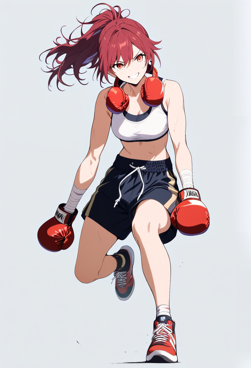 Anime coloring, messy red ponytail, bandaged hands, sports bra, boxing shorts, boxing gloves around neck, athletic build, fierce grin