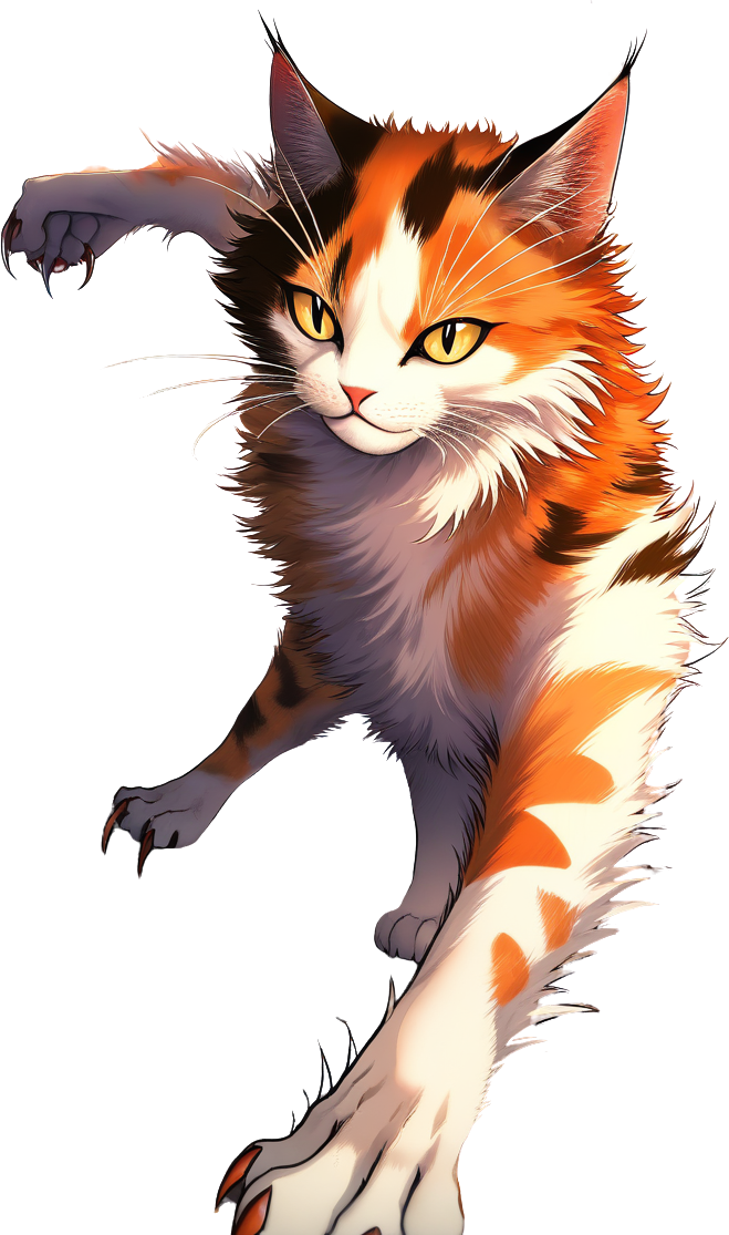 Warrior cats, catboy, brown tortoiseshell ears and tail, amber eyes, scarred face, muscular build, clan leader collar with fangs, fur mantle, battle worn pants, commanding pose